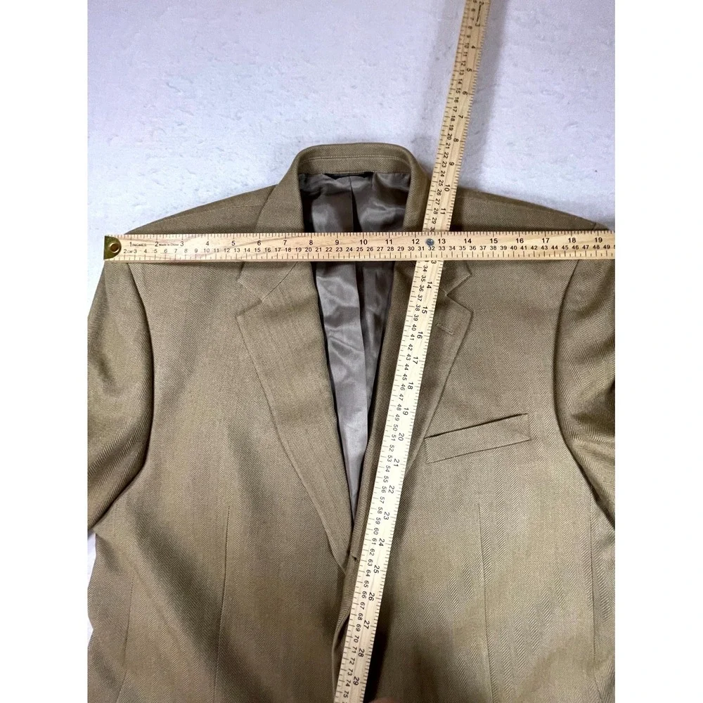 Chaps Ralph Lauren Blazer Jacket Men Tan Silk Herringbone Sport Coat Notch Lapel